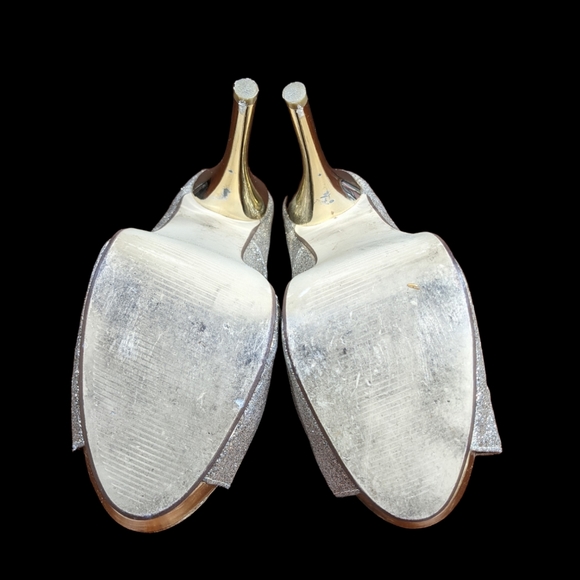 Stiletto Platform Heels Sz 8.5 Gold Glitter Slip-on Peep Toe Pump Hollywood Glam - Picture 6 of 16